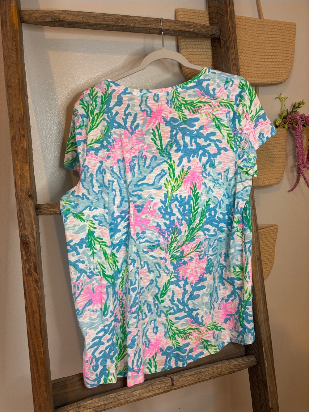 Lilly Pulitzer Short Sleeve V-Neck Top in Pink, Blue & Green Floral - Picture 2 of 2